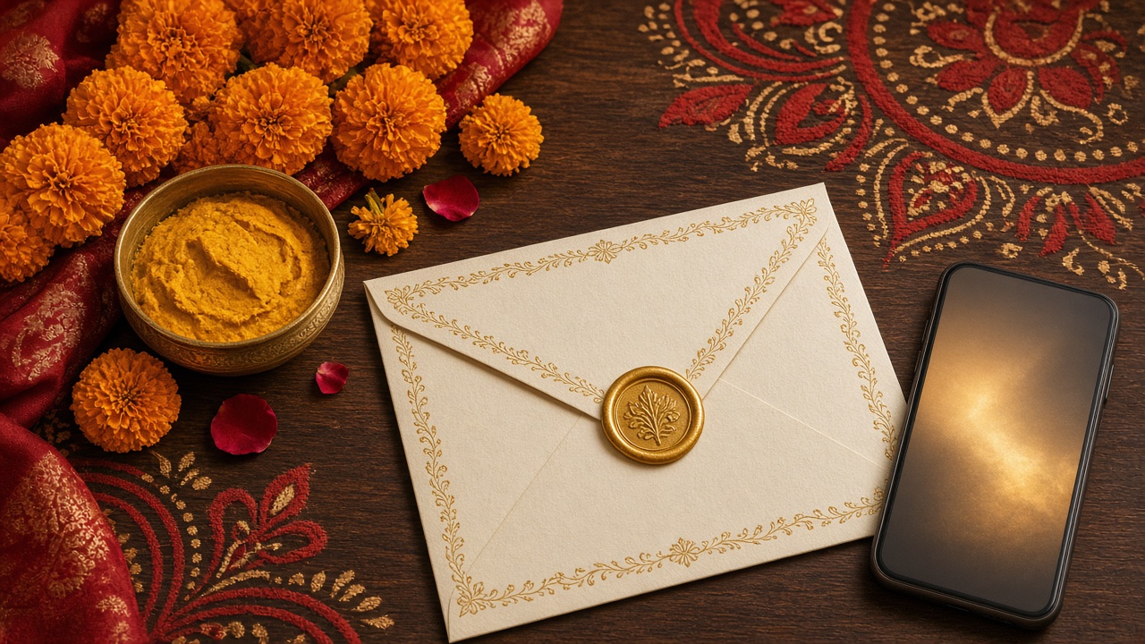 Marigolds, turmeric and a sealed wedding envelope beside a phone